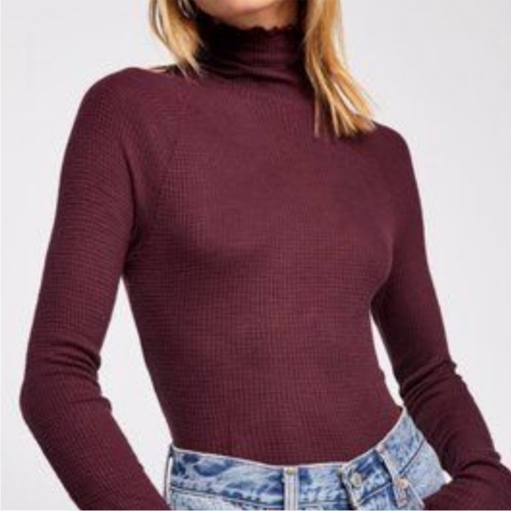 Intimately Free People Make It Easy Waffle Knit Lettuce Hem Thermal Top Plum S